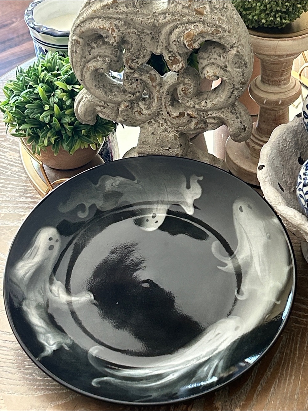 NEW! Halloween Haunted House Boo Ghost Swirl Black Ceramic Serving Plate Dish